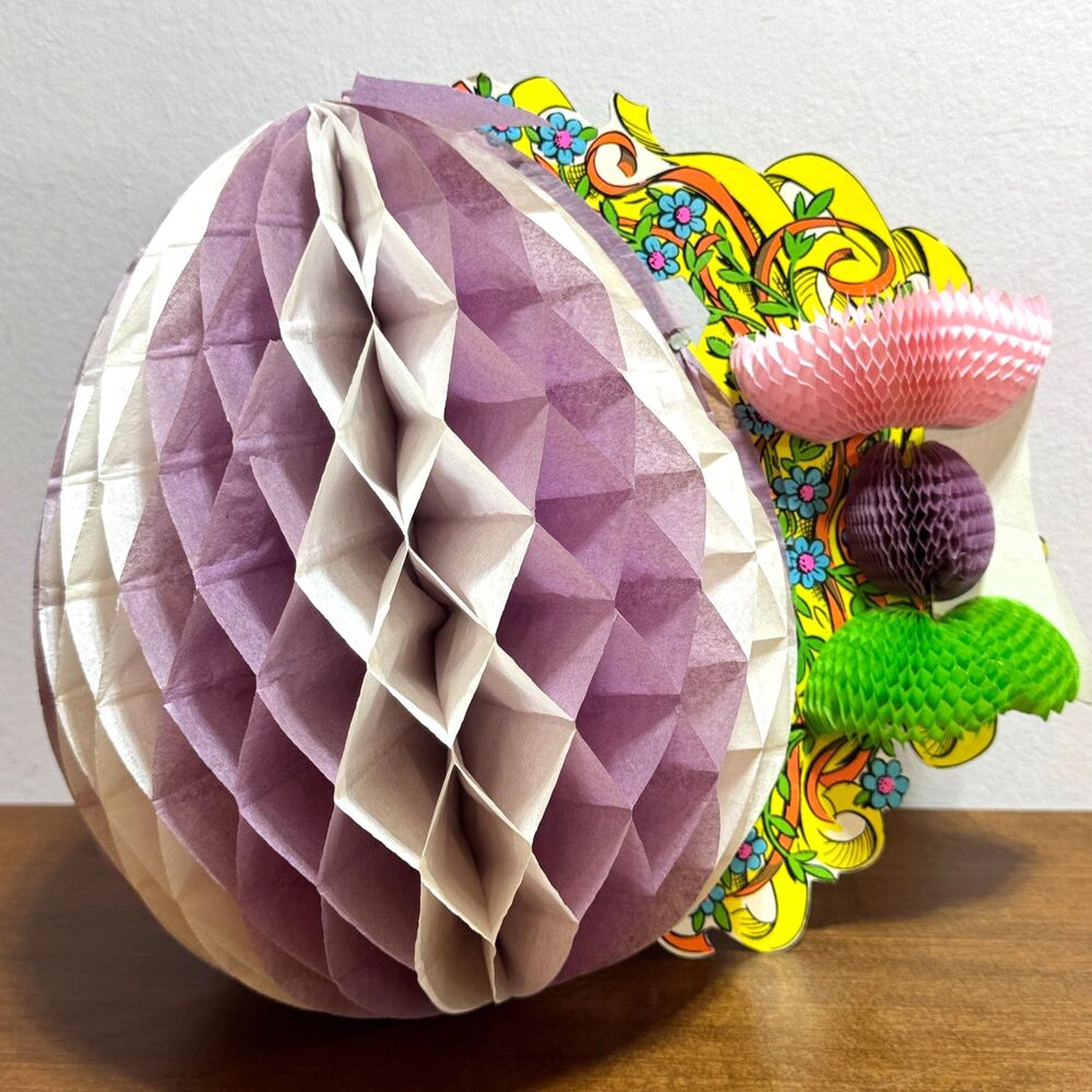 Vintage Easter Basket Honeycomb Tissue Centerpiece Easter Eggs 1970s Beistle